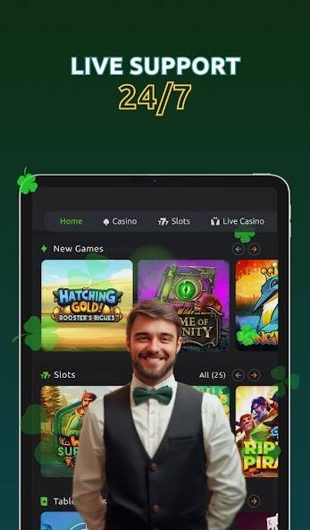 Geckoplay-App-Lobby mit Spielen und 24/7-Live-Support